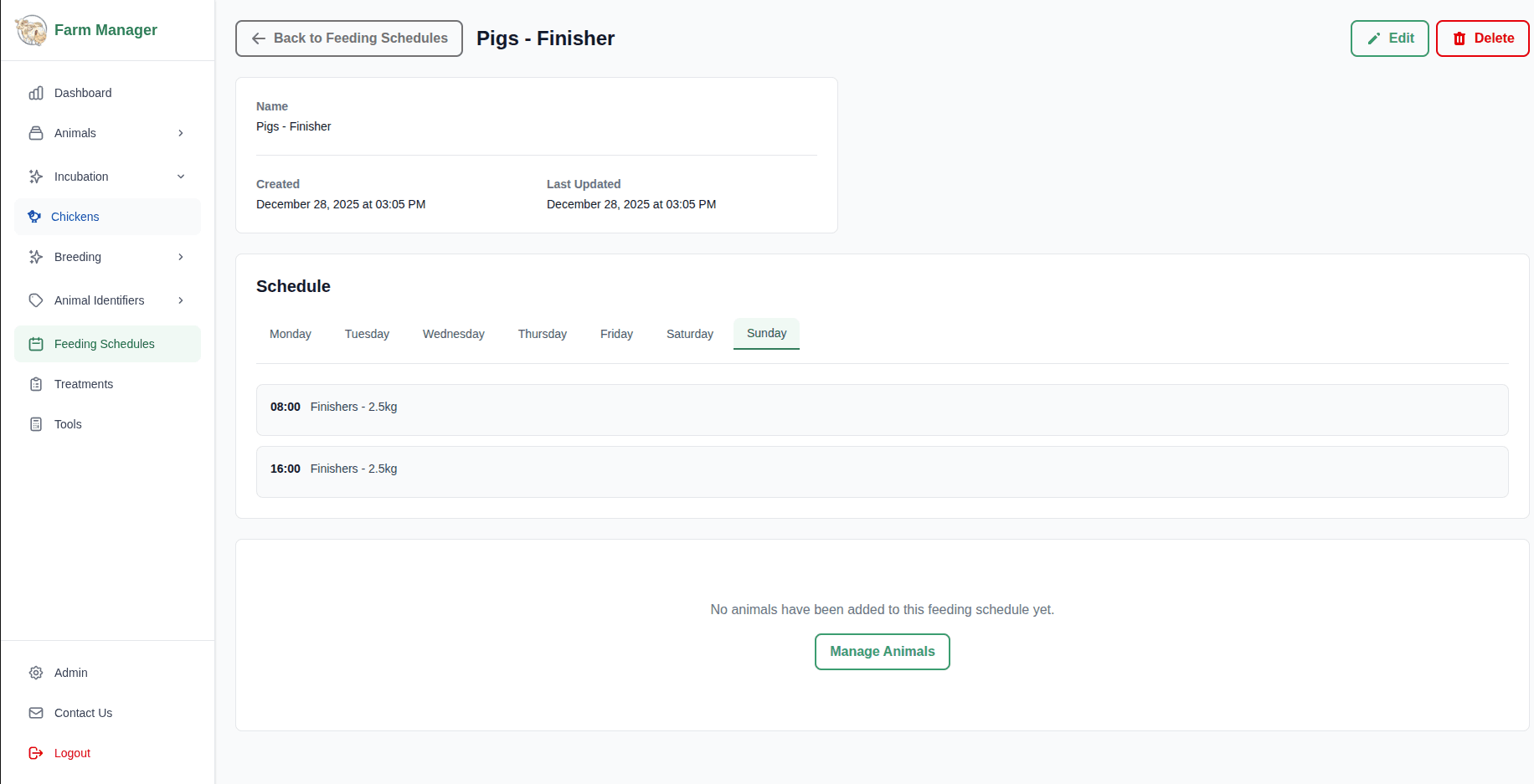 Feeding schedules interface